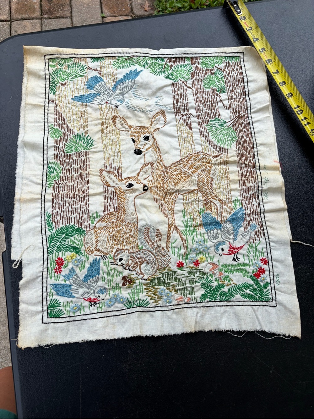 Vintage Hand-Embroidered Woodland Deer Panel in Cream, Brown & Green